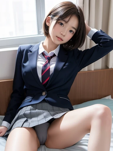 school uniform,((())),No makeup,High resolution,Professional Photos,High resolution,Small breasts,,slim, Lie on your back on the bed, Open your legs and show your underwear, Fearful expression, Tears in my eyes, ((Her skirt is rolled up)), short hair