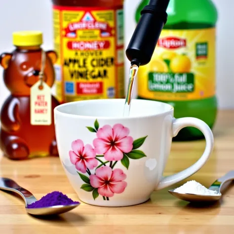 Image Description:
The image features a preparation of a warm drink with natural ingredients.

Background:
Three bottles are placed in the back, slightly blurred for depth:

A honey jar shaped like a bear, labeled "Clover Honey."
A bottle of "Apple Cider V...