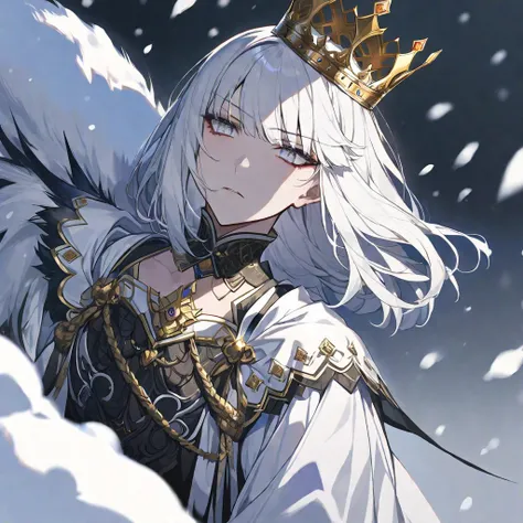 1 male, hime cut, straight hair ,bob hair , 
 white hair ,White eyes,  cunning look , beautiful , beautiful ,sexly,darkness, crown,necklace,  white background, snow from behind ,  controls the snow , frowning