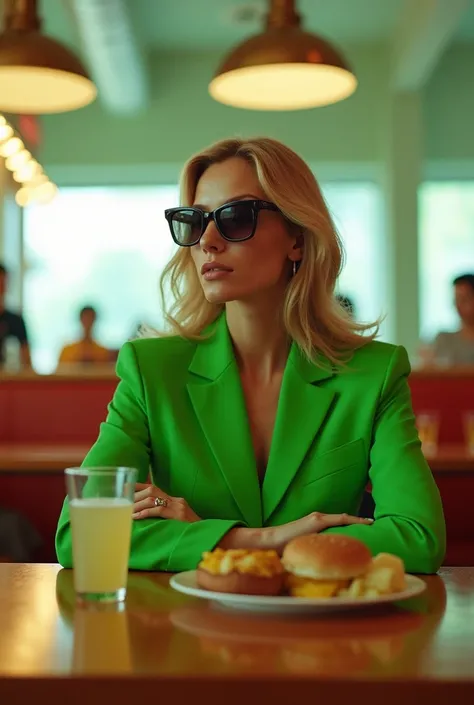 Photography of green vogue photoshoot in a sunny pub. charming woman futuristic with sunglasses, sitting, full body lenght, eating, wearing green suit, table in front, food on the table, minimalistic bright background --ar 16:9 --stylize 259 30-megapixel, ...