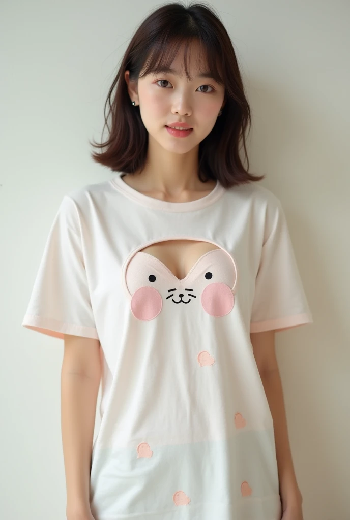 Japanese womens nipples are clipped from the top of a T-shirt with a cute pattern