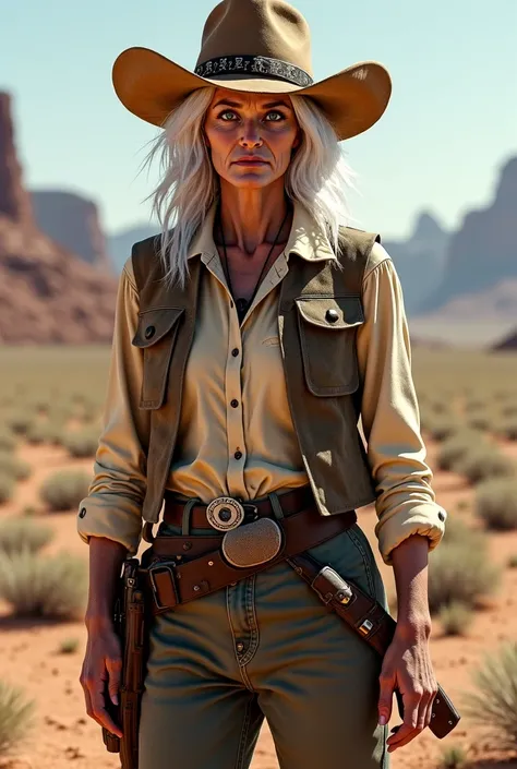  A woman from the Wild West wearing clothes and a very ripped and old cowboy hat, White hair roeto de skulls ,   and a deteriorating zombie body , 8k, HD, 