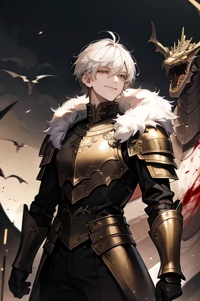 masterpiece, alone, 1 male, short hair, White Hair, (Delicate yellow eyes), Black Leather, fur, Smile Facial,Dragon Armor,battlefield,Covered in blood,hell