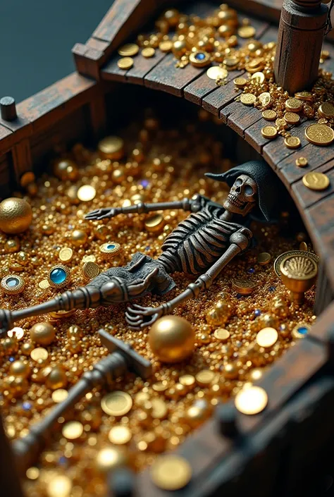 Create a realistic macro photo image of a pirate ship filled with gold and jewelry and pirate skeleton 