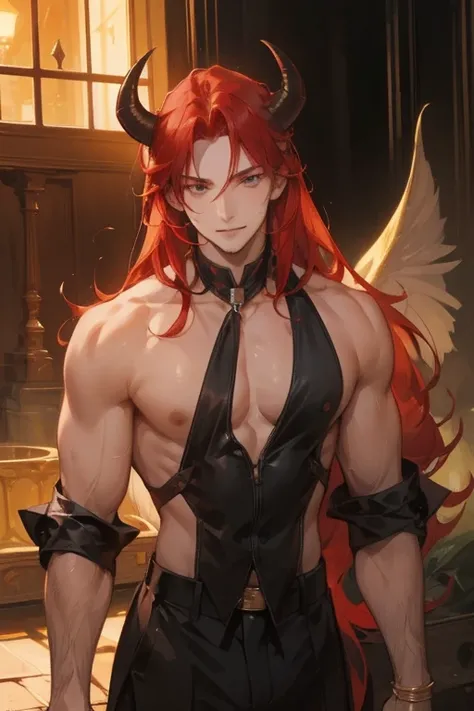 MAN, A MAN, 1men, muscular shape, red hair, long hair, golden eyes, messy hair optimistic appearance, smile with confidence, Demons, Two black horns grow on his head, large shoulders, oldest, 27 years old
