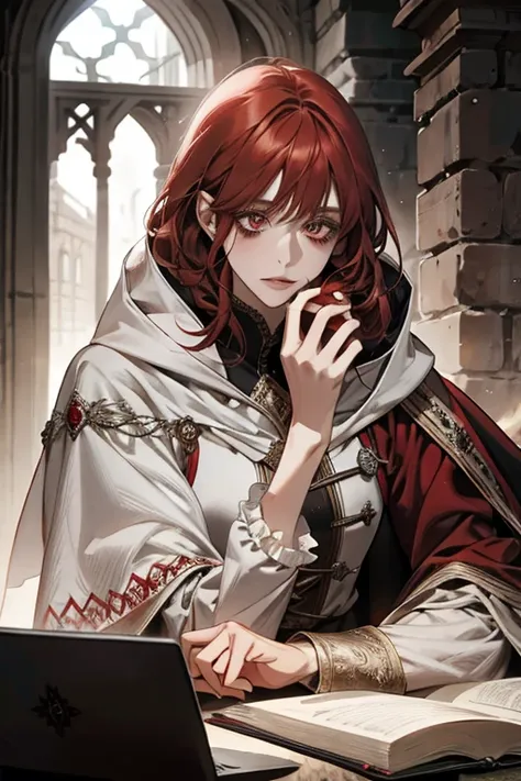 eyes, short red hair with bangs,  red eyes , adult face, adult, white hood and shroud, beautiful,  medieval fantasy, ruins, sorcerers,  looking at the spectator 