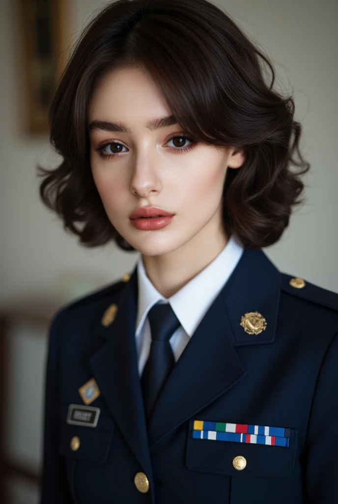 The image of an 18-year-old white woman , with sharp and intimidating amber eyes with long lashes at the tip,  she must have slightly curly short chocolate brown hair and be wearing a navy blue military uniform