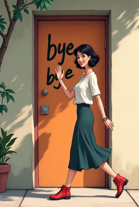 Une femme,   aux cheveux courts  noirs et ondulés , passe devant une porte où cest marqué "bye bye ". Elle salue de la main avec un sourire. 