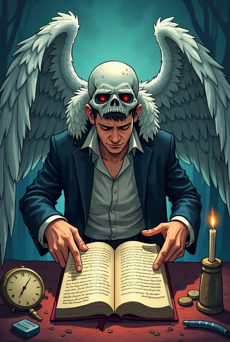 on the that moment when angel of death fell sleep, a man take a book of angel of death that show list of to be die people name. And erase his name from the first and wrote last.generate cartoonish