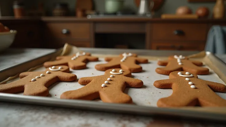 A neat row of freshly baked gingerbread men on a baking sheet in a realistic European country kitchen
,anatomy is correct,  best quality, detail, high detail, quality,  Very Detailed ,  Ultra HD,  Retina Screen,  High Quality ,  HD Model,  High Resolution ...