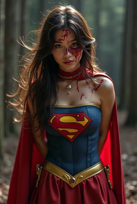  live action ,  Japans cute supergirl in her 20s 、 ( Supergirl slashed all over her body with a sword,  costume that shows bare skin is torn everywhere、The 、Blood is coming out of the eye:1.5)、 Expression of deep pain     ,  dramatic, dramatic tragedy  ,  ...