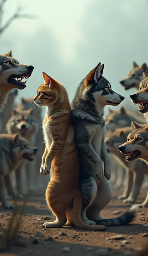 A cat and a dog stand on their hind legs with their backs to each other, protecting themselves from those around them, surrounded by many wolves.