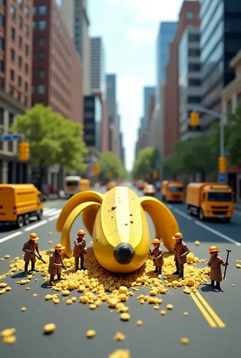 A giant banana peel thrown on a miniature ,  sidewalk with small street sweeps and carrying bits and pieces onto tiny trucks.