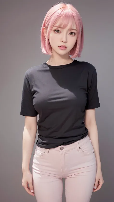 Woman. (T-shirt) (Dark skinny jeans) (Low waist) (Bangs, Pink hair) (Cool) (Baby face) (Japanese) (Sensual, Plain gray background, Sharp retouching, Detailed retouching, Realistic, Natural finish) (Looking at camera. Small chest. Standing)