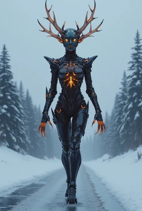 A 3-meter-tall biomechanical entity, known as a Seryalith, strides across the frozen expanse of Lake Baikal, her form an awe-inspiring testament to both alien design and ancient Siberian mythology. Her body is an intricate lattice of living obsidian and gl...