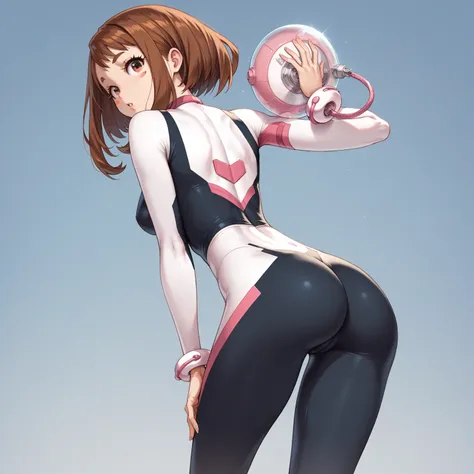 (side angle), ochako uraraka, brown eyes, brown hair, (aego)short hair, blush, blush stickers, bodysuit, skin tight, superhero, slender body, tiny waist. sexy body, sexy figure, slim legs, slim figure, sexy, tiny waist, desireable, tempting, lust, butt, ba...