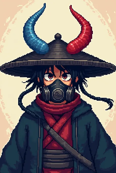 japan espadachin hat con un cuerno rojo y uno celestes, pixel art, no background, front, with a gas mask on his mouth