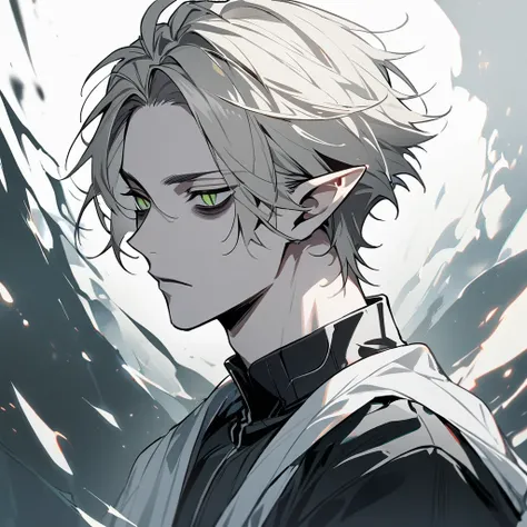 1boy, solo, (bishounen, mature, male focus) , tall,, perfect body , expressionless,platinum blonde hair, (very short hair:1.2) {parted hair, long parted bangs, no bangs, forehead:1.5} ahoge, BREAK {slit pupils, green eyes, (bags under eyes1.2)}  pale skin,...