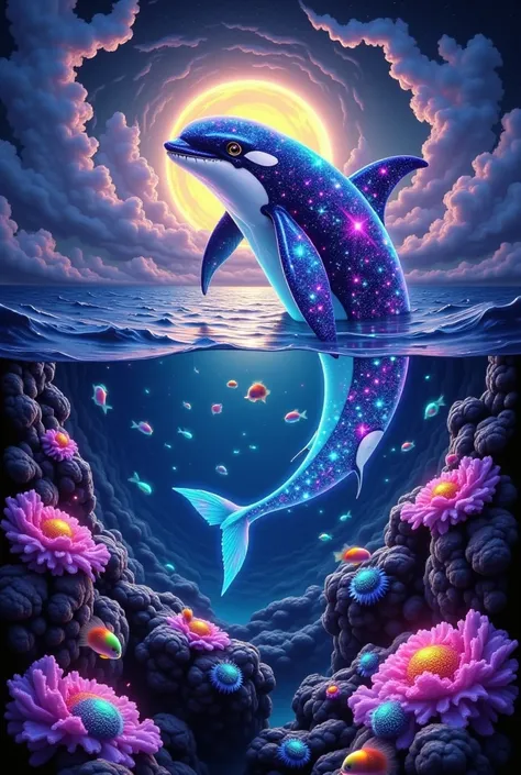  A majestic orca whale, its body undulating as it breaches the oceans surface, surrounded by a halo of soft, ethereal light that shimmers like the aurora borealis, its transparent, glowing skin radiating an otherworldly essence, reminiscent of Simon Stalen...