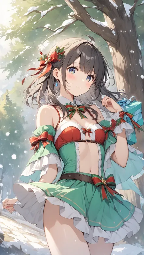    The bright lines and soft colors create a dreamy effect., A fleeting impression.., one woman、 Old Tree House     、I have a gift box、 cute、  fantasy 、  Fantasy Santa Outfit 、Villager、  sexy、((poor))、  its snowing、Snow-covered landscape、 a girl who perfor...