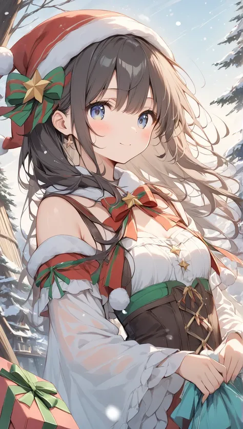    The bright lines and soft colors create a dreamy effect., A fleeting impression.., one woman、 Old Tree House     、I have a gift box、 cute、  fantasy 、  Fantasy Santa Outfit 、Villager、  sexy、((poor))、  its snowing、Snow-covered landscape、 a girl who perfor...