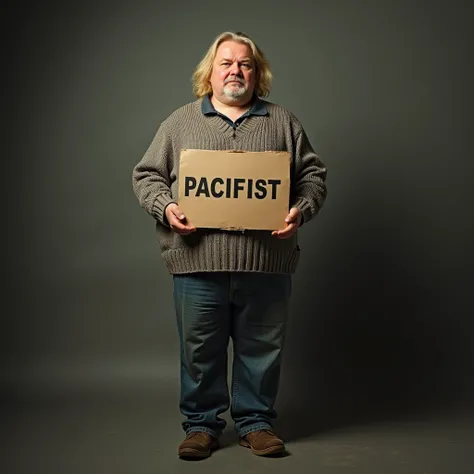  studio portrait , stands straight, fat man 30 years old ,  knitted sweater pacifist sign ,  worn jeans ,  long blond hair slightly disheveled, ,  80s Soviet photography style ,  muted colors , --with 3:4 --style raw