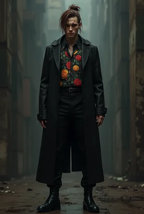  Create a character in a black overcoat and a black shirt printed with colorful flowers, black pants and boots inside the pants , high, brown haired,  a burn mark on the face on the left side  (Celbbiti  "Paranormal Order")