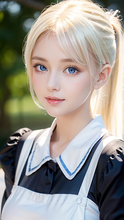  portrait、 School Uniform、 bright 表情、 ponytail、young,  bright , Whiter skin、Great looks、Blonde reflection、  Platinum Blonde Hair with Dazzling Highlights、輝く bright 髪,、Super Long,  silk straight hair 、 beautiful shiny bangs、Sparkling,  clear ,  charming big...