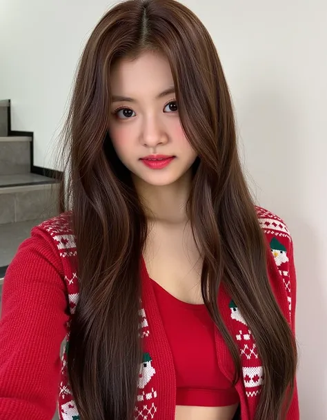 Generate an image of a young woman with long, straight dark brown hair and soft curtain bangs framing her face. She is wearing a stylish red sweater with a textured, christmas pattern of snowmen, over a simple red cropped top. Her expression is calm and sl...