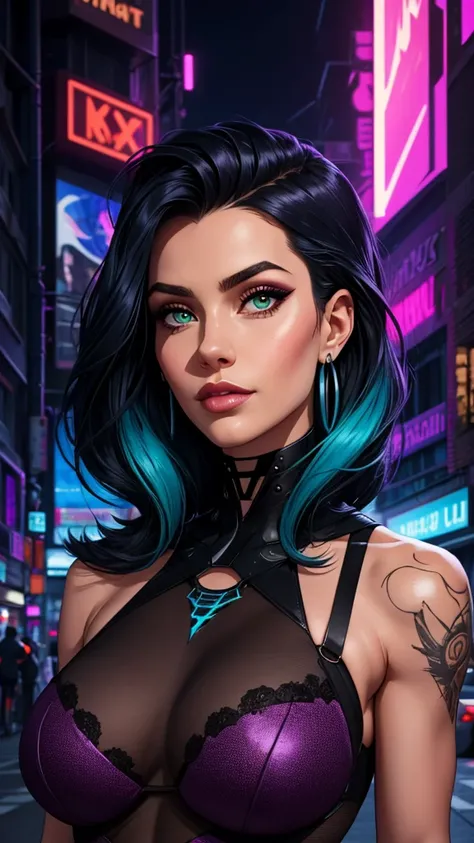 "A young cyberpunk woman in a futuristic urban environment illuminated by vibrant neon lights. She has tanned skin with intricate tattoos on her neck and shoulders, glowing with futuristic, tech-inspired patterns. Her long black hair, styled in sleek dread...