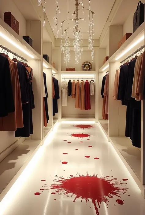 Beautiful clothing store with white lights and fine clothes with blood stains on the floors