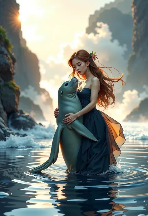 ((line-art Anime, manga aesthetic, highly detailed, vibrant colors, dynamic lighting, soft shading, 8k resolution, masterpiece))、A woman emerging from water, with a seal climbing up beside her to embrace her, symbolizing harmony and connection. The woman h...