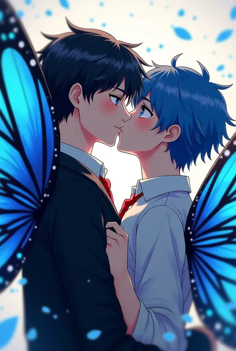 Two boys kissing . Lun est un vampire. Il a des cheveux noirs et les yeux blancs et il est soumis et bottom.  The other boy is a half-butterfly so he has beautiful blue butterfly wings on his back.  He has blue hair and blue eyes and he is dominant and top...