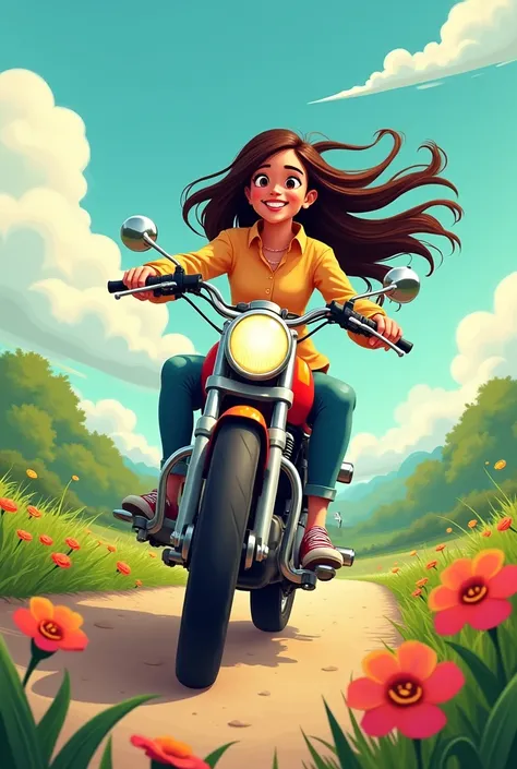 Cartoon of a woman riding a motorcycle with loose hair leaving a trail of flowers 