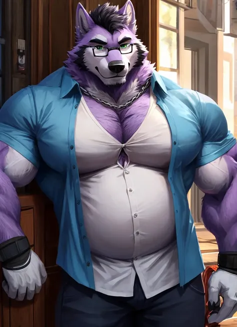 ((Ultra High Quality)), ((masterpiece)), ((Ultra detailed)), ((4k)).

Solo , Anthro , Wolf , Handsome Anthro Wolf  , Light Purple Wolf , Light Purple Fur , Black Short Hair  , Handsone , Good Looking , Green Eyes ,(Eyes Details), Glasses , Adult Ages , Mas...