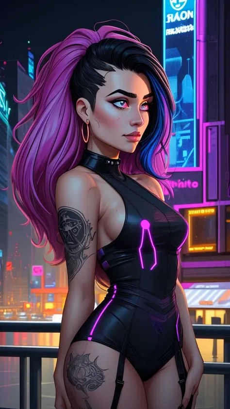 "A young cyberpunk woman in a futuristic urban environment illuminated by vibrant neon lights. She has tanned skin with intricate tattoos on her neck and shoulders, glowing with futuristic, tech-inspired patterns. Her long black hair, styled in sleek dread...