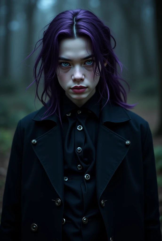 generate an imagine with a boy with light blue eyes, long dark purple hair, very pale skin (like a vampire) dressed in a gothic style (with a long coat and lether boots)