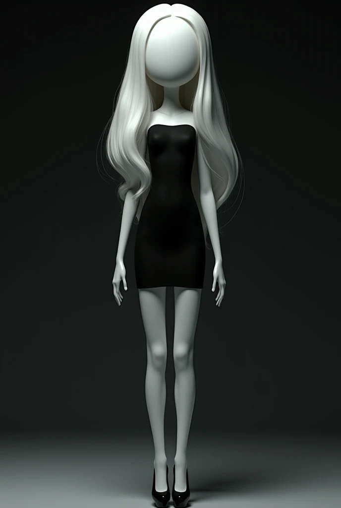 Doll with smooth white hair , sin pupilas, short black dress and black heels