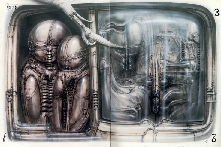 g1g3r, Giger_style, The image is a detailed view of H.R. Gigers " Li II " plate, featuring a complex network of bones and organs in a purple-brown hue ,swirling gray and brown colorsgroup of three alien figures positioned in the foreground.  Emaciated and ...