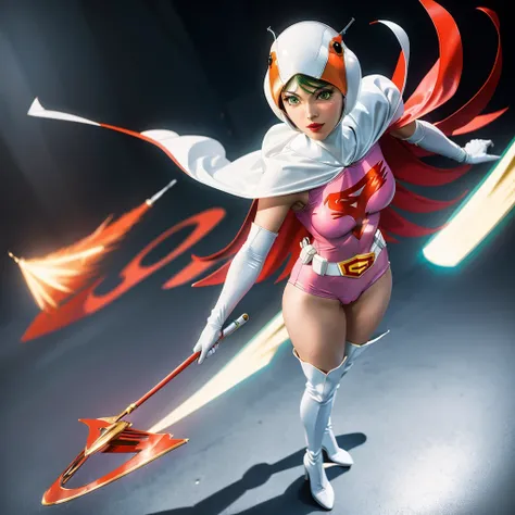 ANI_CLASSIC_jun_gatchaman_ownwaifu,1girl, ,good anatomy, masterpiece, best quality,realistic, hyperrealistic, 16k hdr, long hair,breasts,green eyes,lips,large breasts,lipstick,makeup,gloves,cape,helmet,belt,elbow gloves,white gloves,mask,white tight overkn...