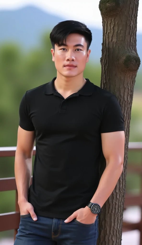 25 year old handsome korean man, , white body appearance , , (((Big arm muscles, tight breasts , Muscle Bundle, ))),Wear a short-sleeved black T-shirt and tight-fitting long-legged jeans., ,  and a watch fit into a trouser pocket ,  leaning on a tree on a ...