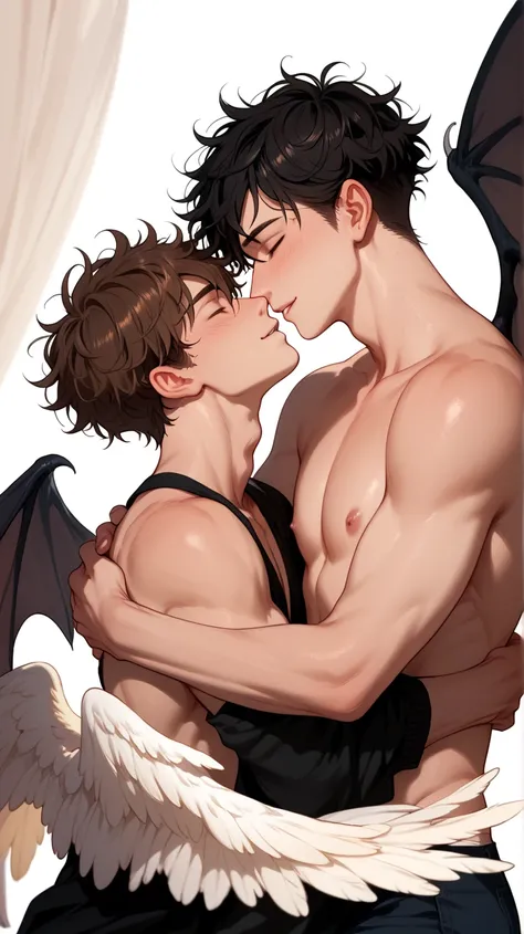 Two men. Both slender, one shorter. Messy hair, bangs. One brown hair, one black hair. Couple, embracing, cuddling. Gay, yaoi, queer. wings, bat wings and angel wings