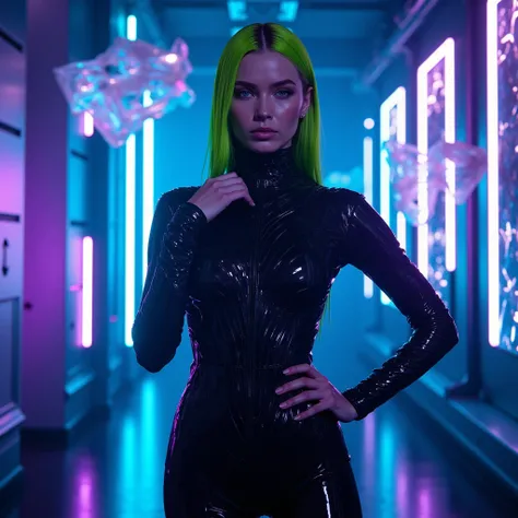 A stunning 27-year-old woman stands confidently in a neon-lit photography studio set in a futuristic cyberpunk world. Her Slavic features—high cheekbones, a sharp jawline, and delicate yet strong contours—exude elegance and high-fashion allure. Her skin, s...