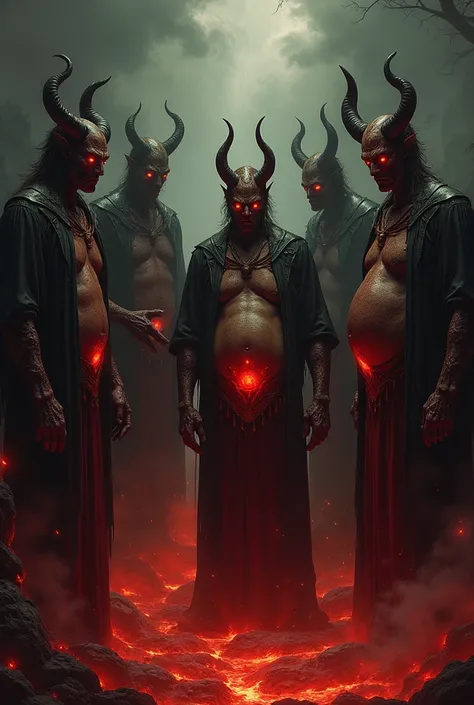 A dark and mystical scene depicting the seven princes of hell,  each representing a capital sin : lust, sugar, Avarice, Laziness, Ira, Envy and Pride.  Each prince has a distinctive appearance that reflects his sin : un demonio seductor con tonos rojos par...