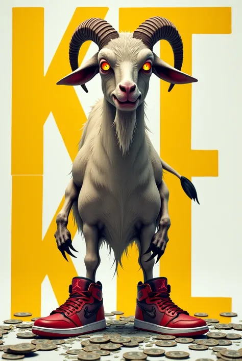 Anime image Goat old goat with demon face with yellow Air Jordan on its paws and money on the floor and yellow letter KTL in the background of the imanhen