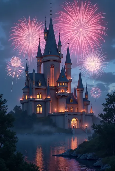  A princess castle, medieval,  fireworks , with extremely detailed 