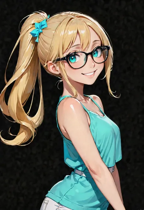 Anime girl, portrait style, black background, long light blonde ponytail, bright turquoise eyes,black glasses, casual summer outfit, smiling