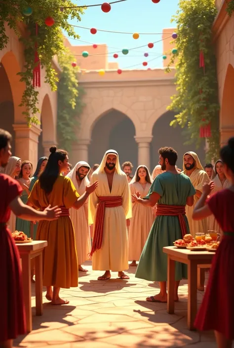 The Wedding Celebration
A lively wedding scene in a courtyard with stone walls, decorated with colorful fabrics and garlands of greenery. Guests in first-century Middle Eastern attire—men in tunics and robes, and women in long dresses with veils—are dancin...