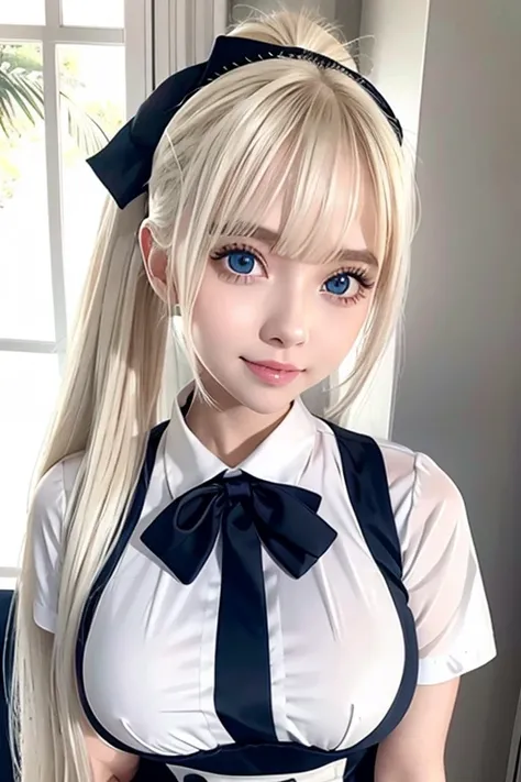  portrait、 School Uniform、 BRIGHT EXPRESSION 、 ponytail、young,  bright , Whiter skin、Great looks、Blonde reflection、  Platinum Blonde Hair with Dazzling Highlights、Shining bright hair,、Super Long,  silk straight hair 、 beautiful shiny bangs、Sparkling,  clea...