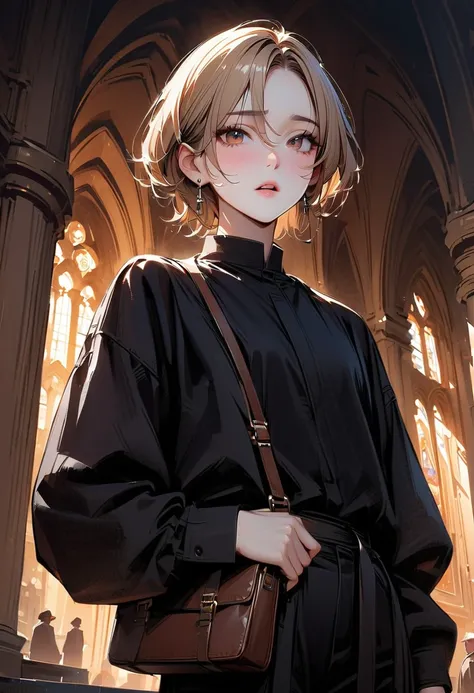 (top quality, 4K, masterpiece :1.3) a young adult beautiful blond man, pale skin, brillant amber eyes, slanted eyes, very short hair, male hairstyle, dressed like a priest, holding a teachers bag, beautiful detailed eyes, earring, scared look, romantic chu...